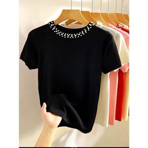 Elegant Pearl Collar‎ Blouse, Black Size Large
